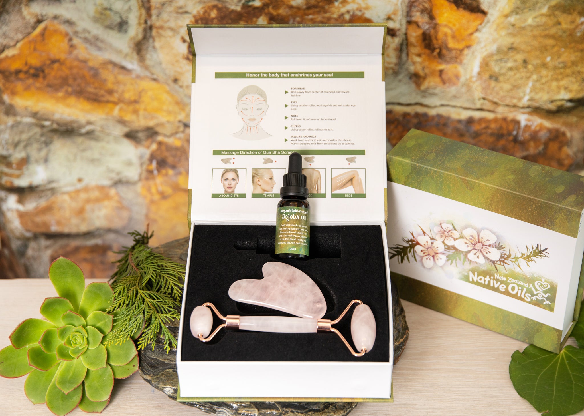 Rose Quartz & Jade Gua Sha Gift Box-NZ Native Oils Ltd